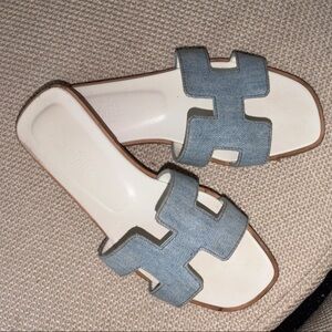 Hermes White Leather Slides with Light Blue Denim Straps